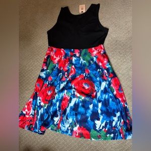 NWT knee length dress, floral and black with criss cross neckline